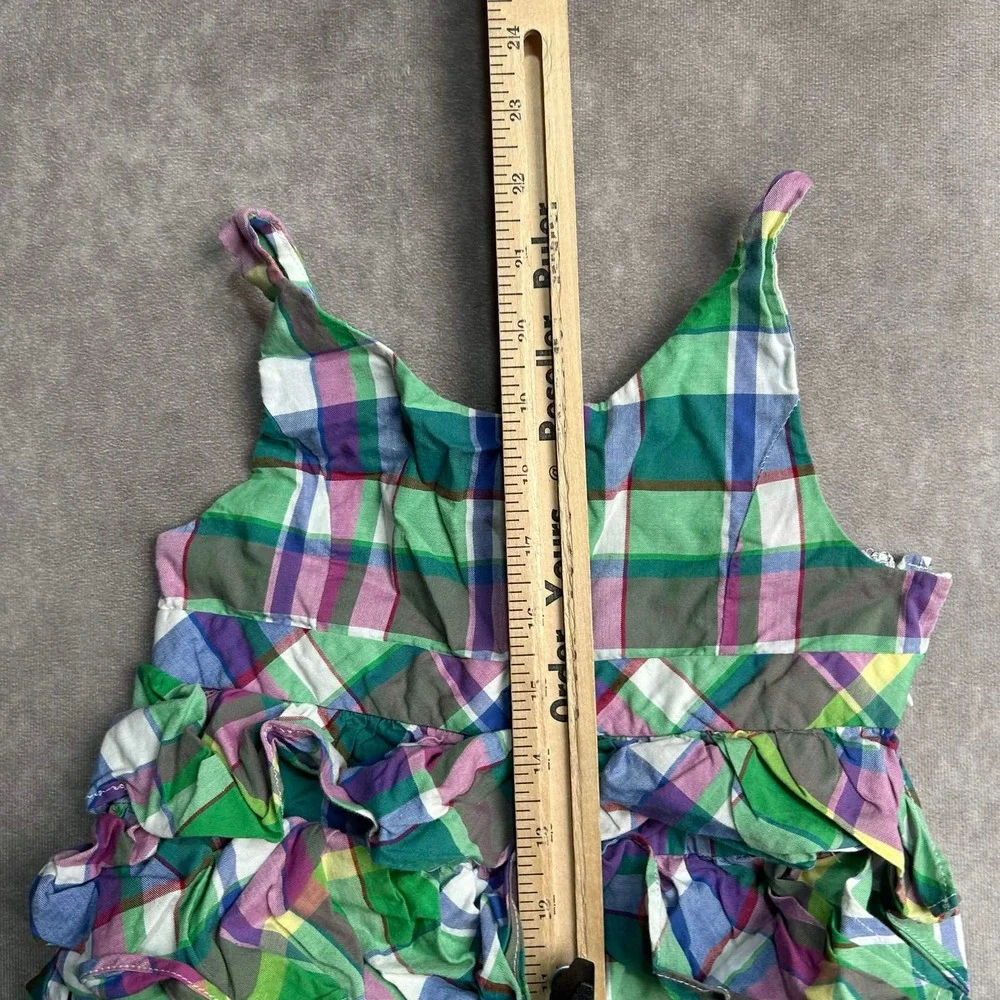 Ralph Lauren Girls Green Purple Plaid Tiered Ruffle Sleeveless Cotton Dress 6